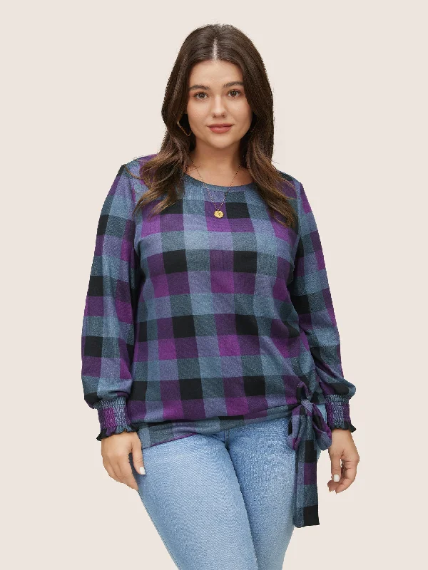 Plaid Shirred Cuffs Bowknot Detail T-shirt