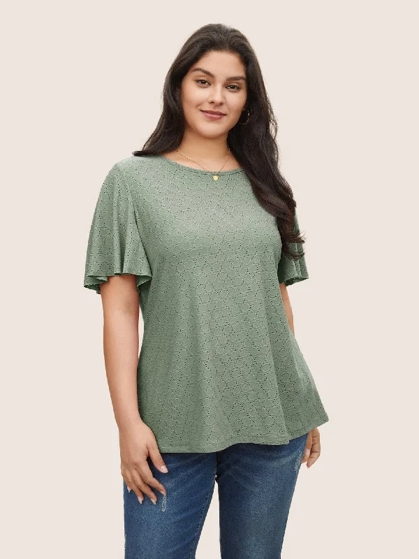 Plain Textured Geometric Flutter Sleeve T-shirt