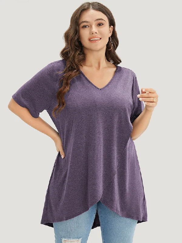 Plain V Neck Wrap High Low Hem T-shirt