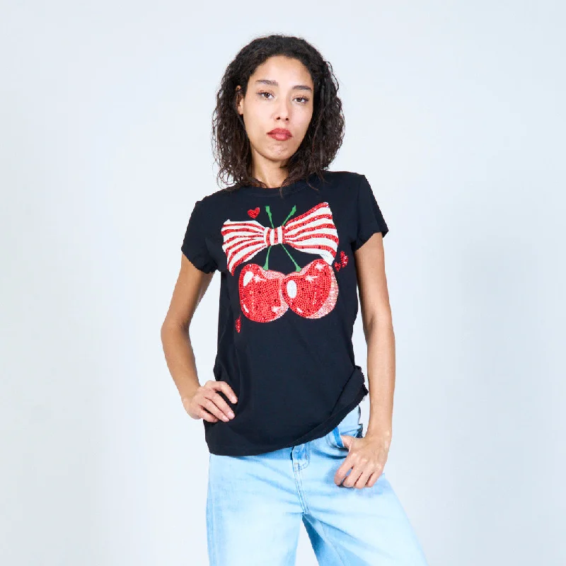 Playful cherry and bow graphic t-shirt wholesale