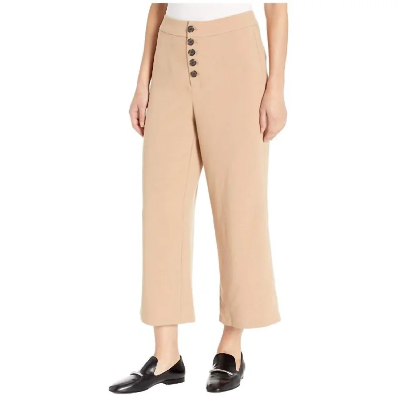 Women's Faux Leather Pants-Riga Button Front Wide Leg Trouser In Caramel