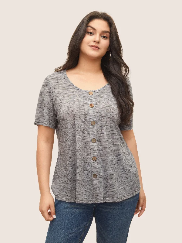 Round Neck Heather Pleated Button Detail T-shirt