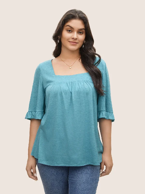 Sqaure Neck Ruffle Sleeve Gathered T-shirt