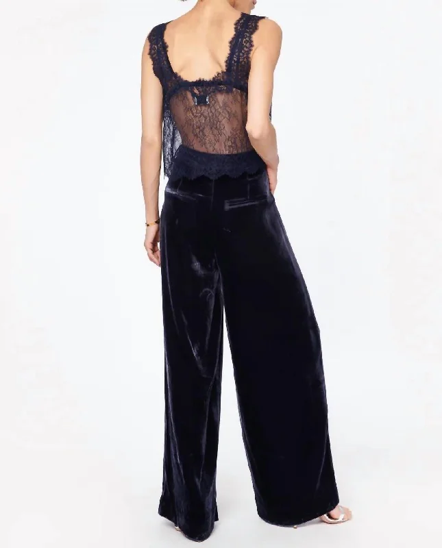 Women's Paperbag Waist Pants-Velvet Pants In Blue