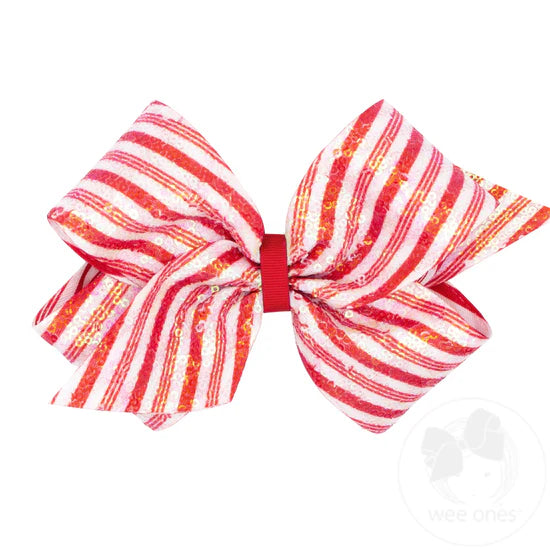 Women's Vacation Pants-Wee Ones King Holiday Stripe Printed Sequin Hair Bow