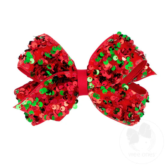 Women's UV Protection Pants-Wee Ones Medium Red and Green Velvet Sequin Hair Bow