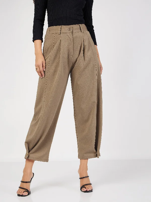 Women's High Rise Pants-Women Beige Button Hem Darted Balloon Pants