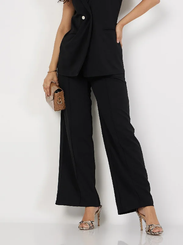 Women's Comfy Pants-Women Black Front Dart Palazzo Pants