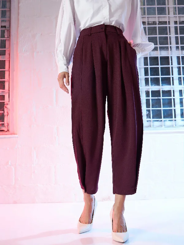 Women's Linen Pants-Women Burgundy Button Hem Darted Balloon Pants