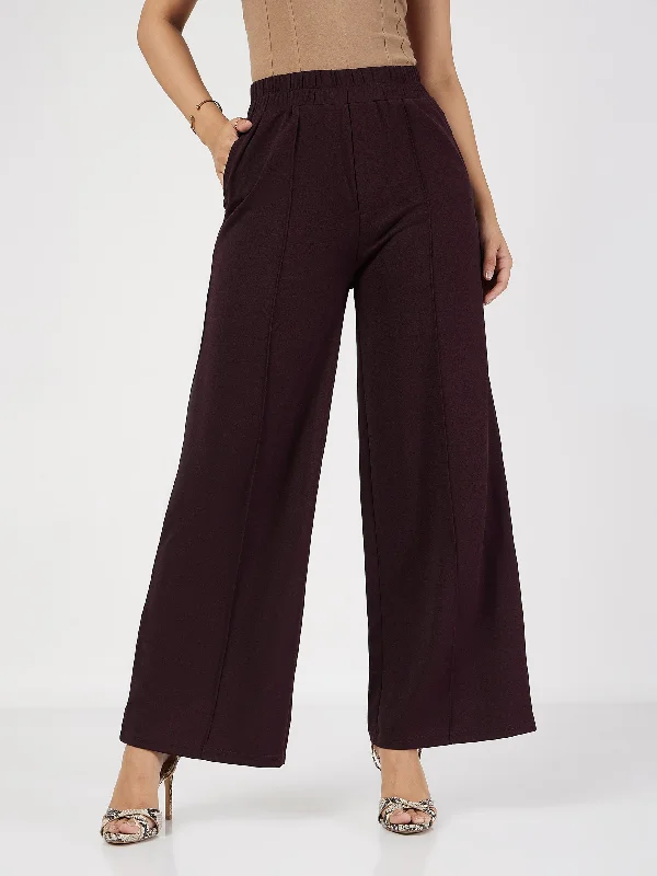 Women's Double Stripe Pants-Women Burgundy Front Dart Palazzo Pants