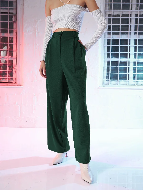 Women's Festival Pants-Women Emerald Green Korean Pleated Loose Fit Pants