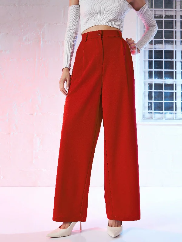 Women's Full-Length Pants-Women Red Korean Pleated Loose Fit Pants