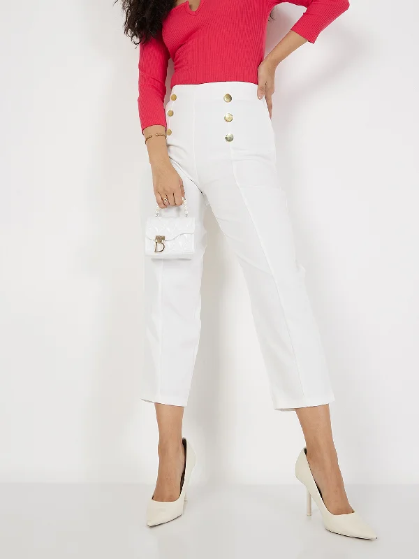 Women's Earth Tone Pants-Women White Front Darted Balloon Fit Pants