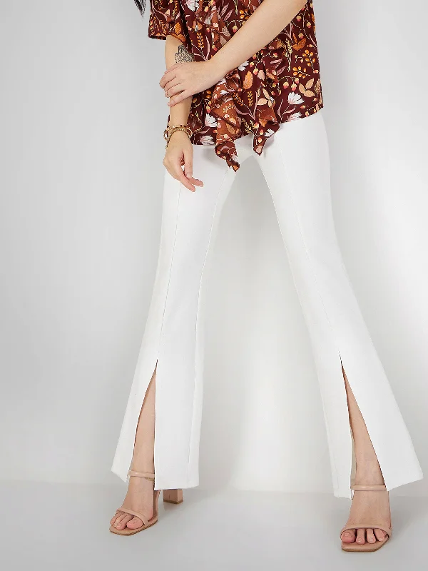 Women's Checkered Pants-Women White Roma Front Slit Bell Bottom Pants