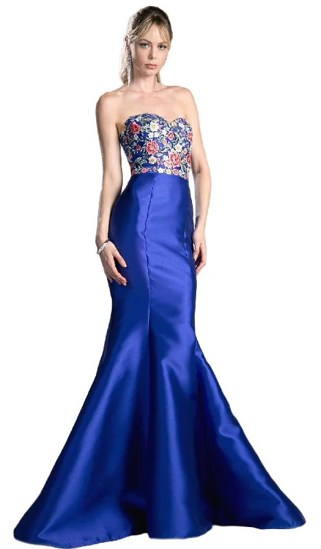 Women's Silver Evening Gowns-Cinderella Divine - HW06 Floral Embellished Strapless Mermaid Evening Gown