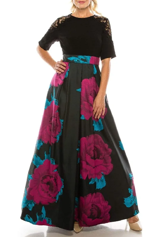 Women's Short Evening Dresses-Ignite Evenings - IG3874 Lace Jewel Neck Floral Print A-line Gown