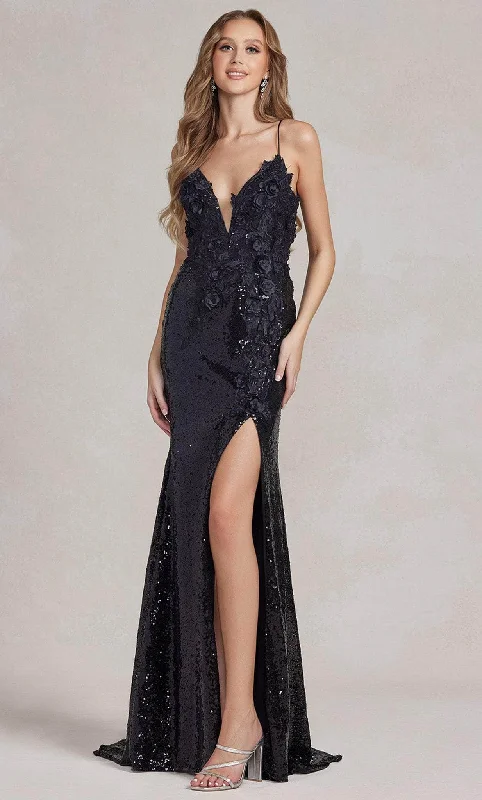 Women's Peridot Evening Dresses-Nox Anabel R1207 - Applique Sequin Evening Dress